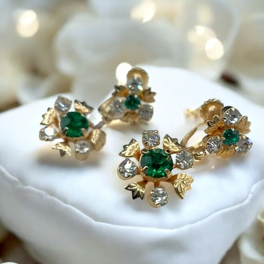🌺Vintage Gold & Green Rhinestone Jewelry Set - Picture 7 of 9